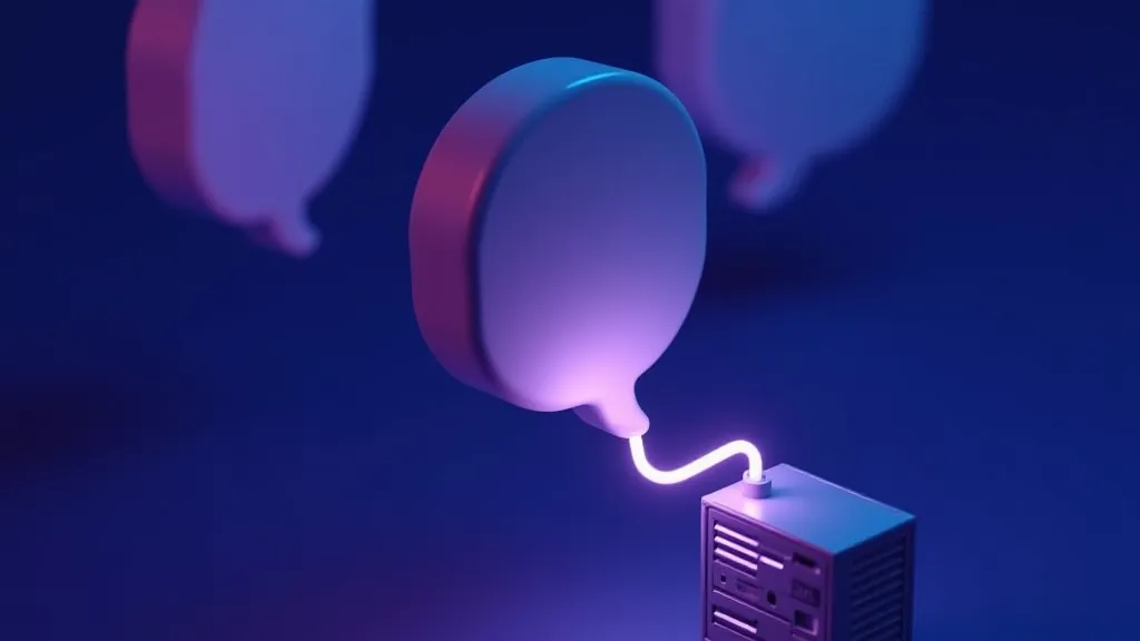 Isometric illustration of chat bubbles linked to a server rack, representing a Discord bot calling an LLM API